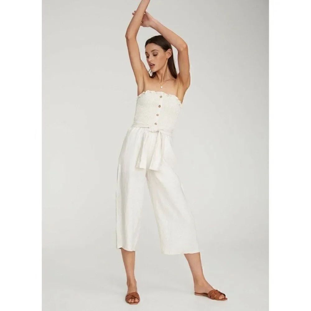 NEW FAITHFULL THE BRAND Sz 4 S LAIS SMOCKED BELTED LINEN STRAPLESS JUMPSUIT BONE